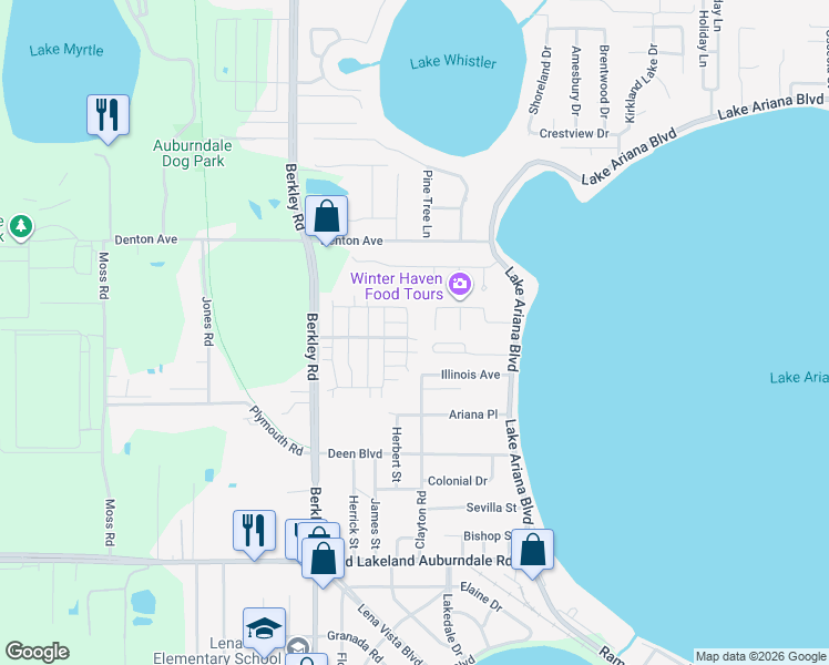 map of restaurants, bars, coffee shops, grocery stores, and more near 200 Amber Boulevard in Auburndale