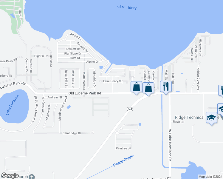 map of restaurants, bars, coffee shops, grocery stores, and more near 429 Lake Henry Drive in Winter Haven