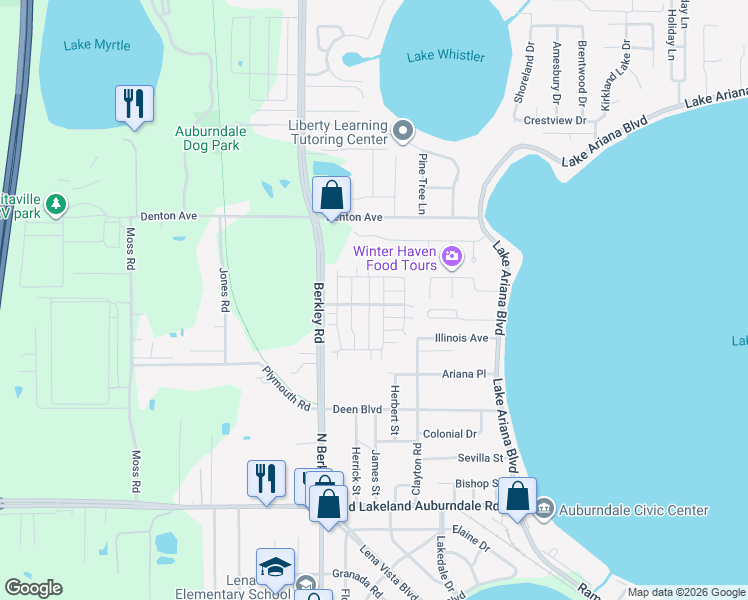 map of restaurants, bars, coffee shops, grocery stores, and more near Moore Drive in Auburndale