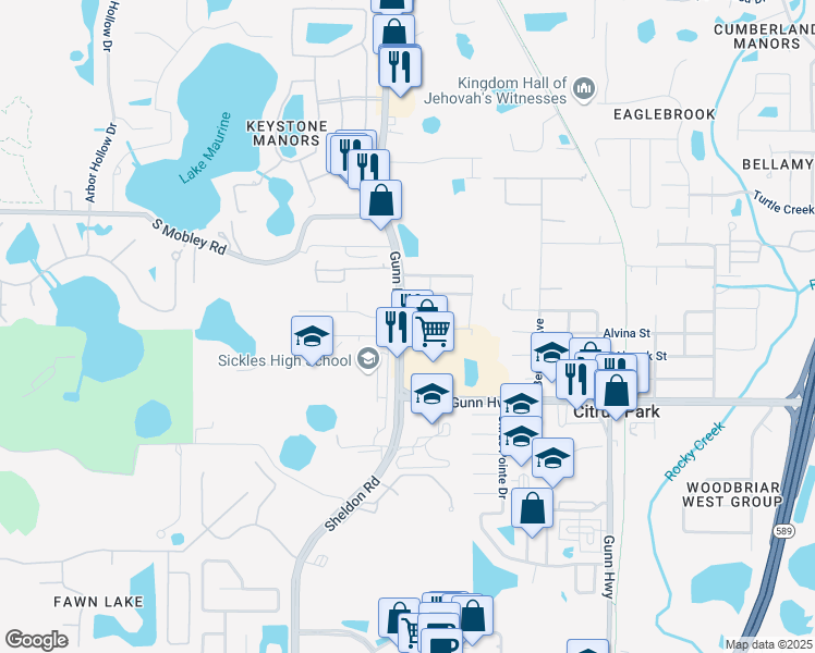 map of restaurants, bars, coffee shops, grocery stores, and more near 7810 Broadstone Loop in Tampa