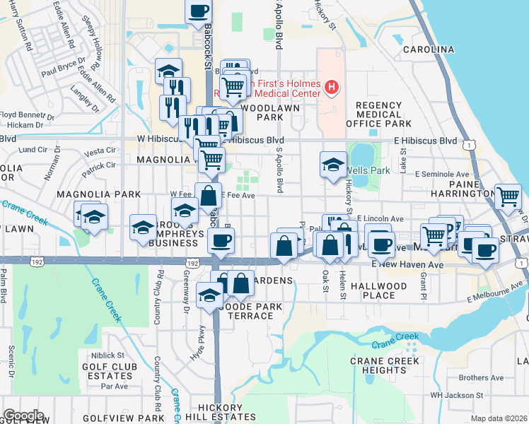 map of restaurants, bars, coffee shops, grocery stores, and more near 1710 Platt Street in Melbourne