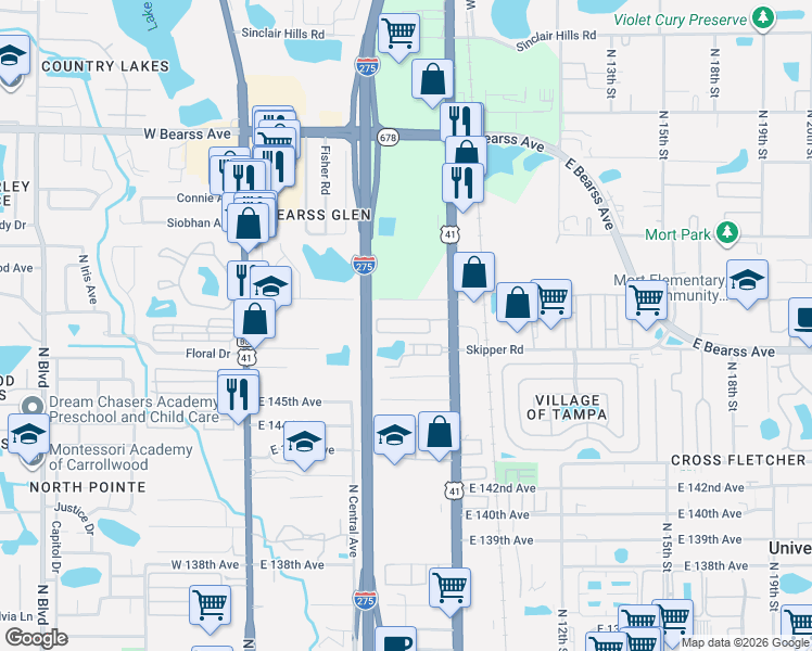 map of restaurants, bars, coffee shops, grocery stores, and more near 838 Walker Drive in Tampa