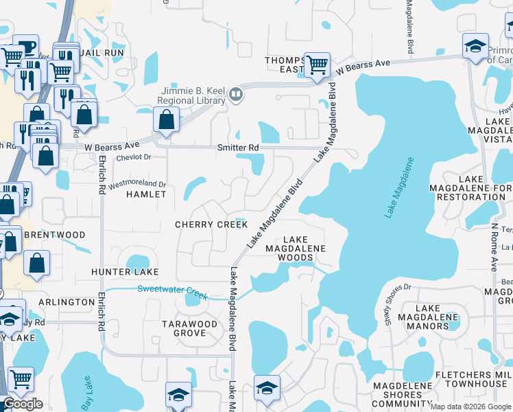 map of restaurants, bars, coffee shops, grocery stores, and more near 14003 Cherry Lake Drive in Tampa