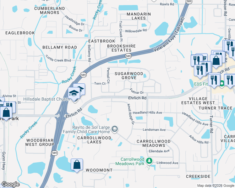 map of restaurants, bars, coffee shops, grocery stores, and more near 5510 Fulmar Drive in Tampa