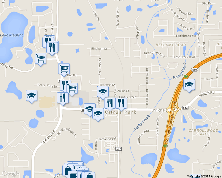map of restaurants, bars, coffee shops, grocery stores, and more near 14705 Bayberry Avenue in Tampa