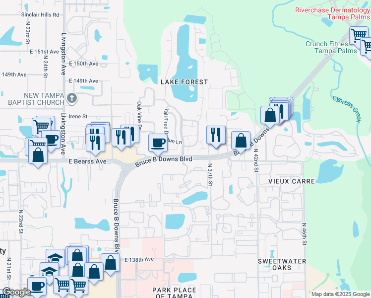map of restaurants, bars, coffee shops, grocery stores, and more near 14603 Lake Forest Drive in Lutz