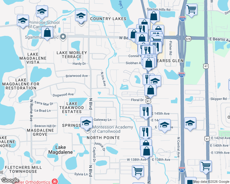 map of restaurants, bars, coffee shops, grocery stores, and more near 14706 Carnation Drive in Tampa