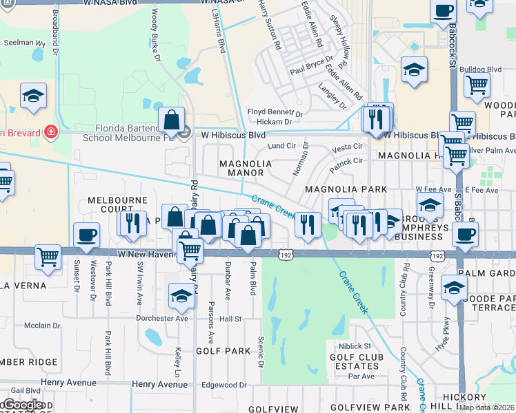 map of restaurants, bars, coffee shops, grocery stores, and more near 1817 Palm Boulevard in Melbourne