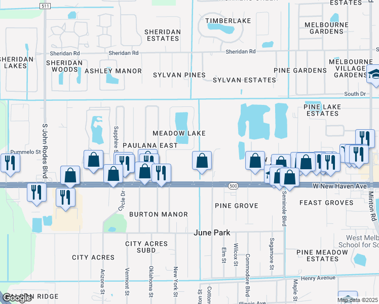 map of restaurants, bars, coffee shops, grocery stores, and more near 1752 Vista Lake Circle in Melbourne