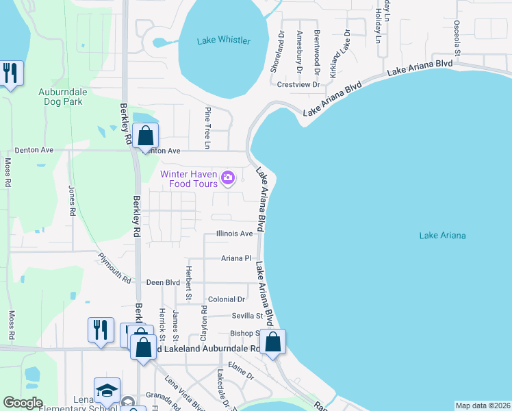 map of restaurants, bars, coffee shops, grocery stores, and more near 2124 Ariana Boulevard in Auburndale