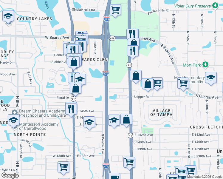 map of restaurants, bars, coffee shops, grocery stores, and more near 838 Walker Drive in Tampa