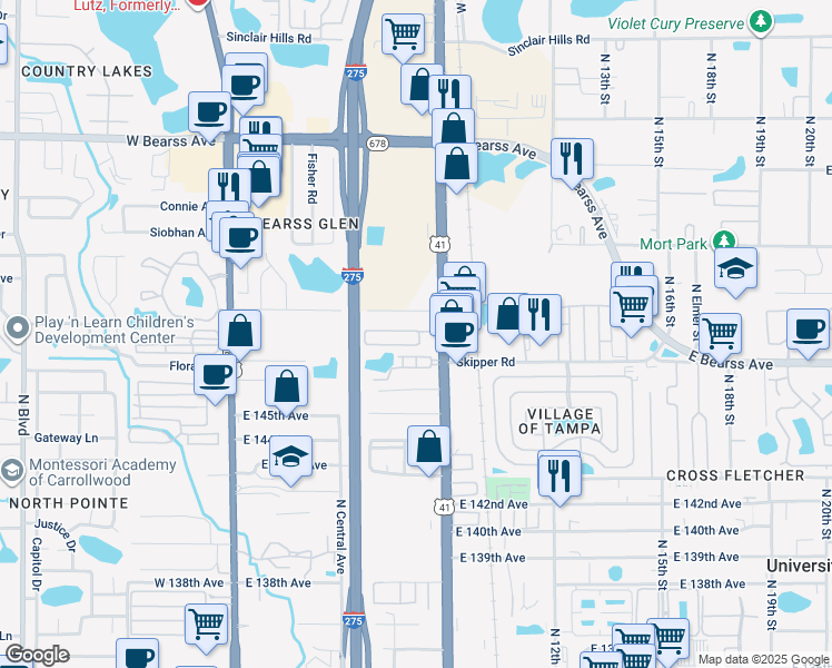 map of restaurants, bars, coffee shops, grocery stores, and more near 867 Walker Drive in Tampa