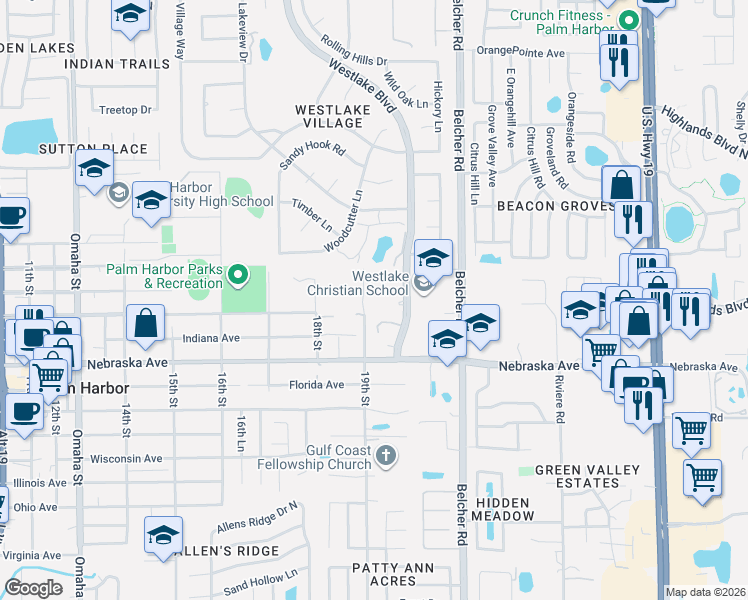 map of restaurants, bars, coffee shops, grocery stores, and more near 1405 19th Street in Palm Harbor