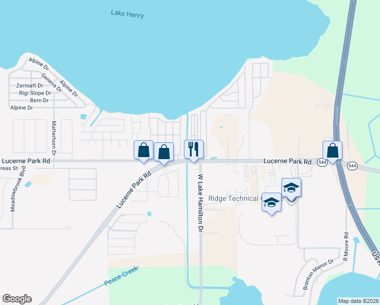 map of restaurants, bars, coffee shops, grocery stores, and more near 7049 Fairview Village Circle in Winter Haven