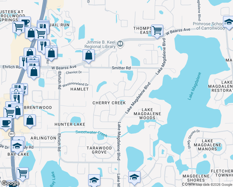 map of restaurants, bars, coffee shops, grocery stores, and more near 14040 Cascade Lane in Tampa