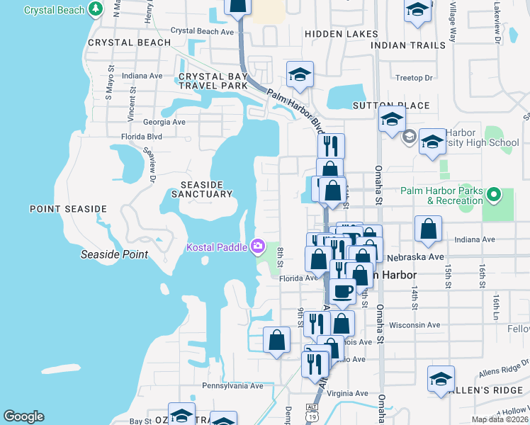 map of restaurants, bars, coffee shops, grocery stores, and more near 800 Columbia Ave in Palm Harbor