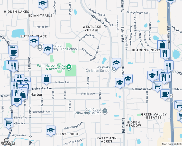 map of restaurants, bars, coffee shops, grocery stores, and more near 1448 18th Street in Palm Harbor