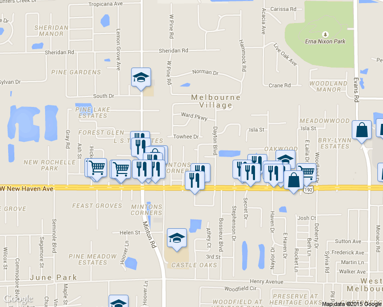 map of restaurants, bars, coffee shops, grocery stores, and more near 217 Britnee Court in Melbourne