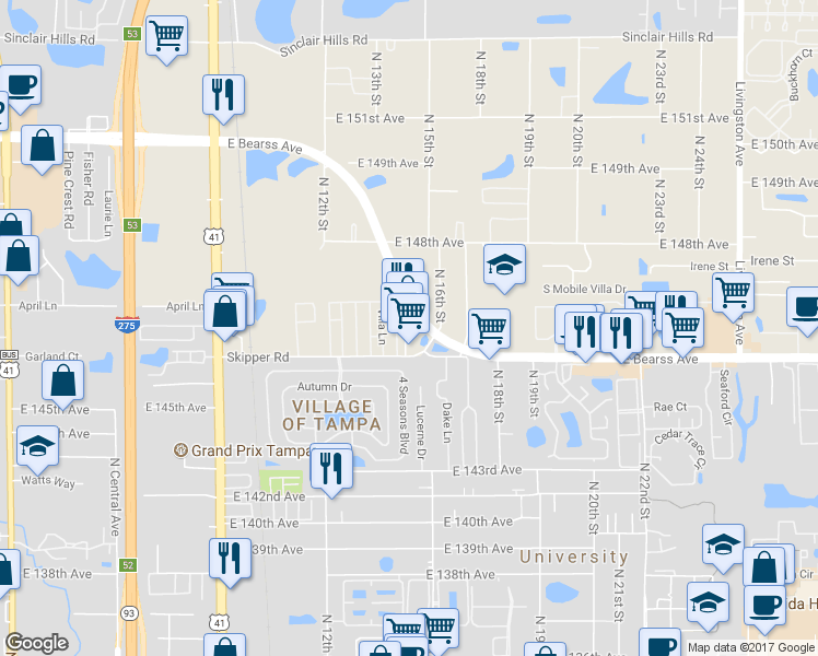 map of restaurants, bars, coffee shops, grocery stores, and more near 1450 Skipper Road in Tampa