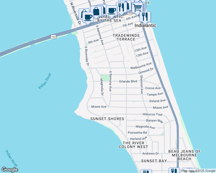map of restaurants, bars, coffee shops, grocery stores, and more near 1110 South Ramona Avenue in Indialantic