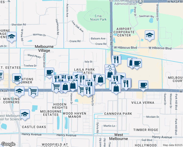 map of restaurants, bars, coffee shops, grocery stores, and more near 157 Woodland Dr in West Melbourne