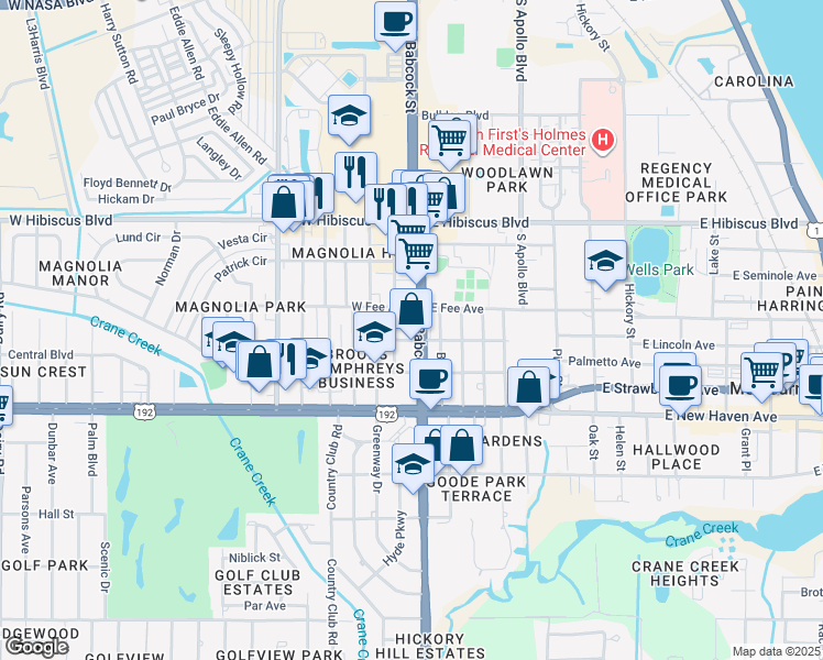 map of restaurants, bars, coffee shops, grocery stores, and more near 1720 South Babcock Street in Melbourne