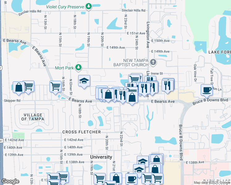 map of restaurants, bars, coffee shops, grocery stores, and more near 2020 East Bearss Avenue in Tampa