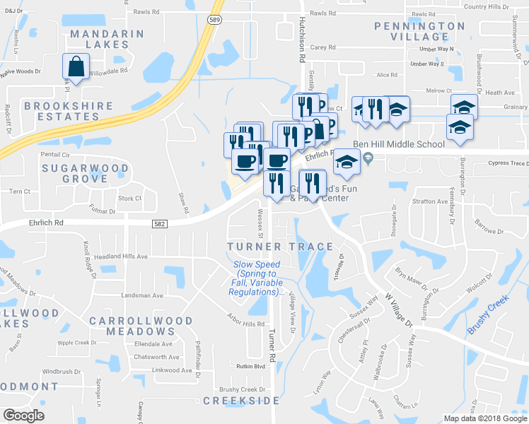map of restaurants, bars, coffee shops, grocery stores, and more near 14525 Wessex Street in Tampa