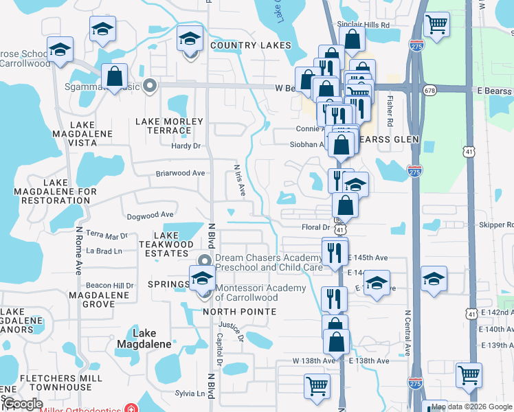map of restaurants, bars, coffee shops, grocery stores, and more near 605 Leisure Avenue in Tampa