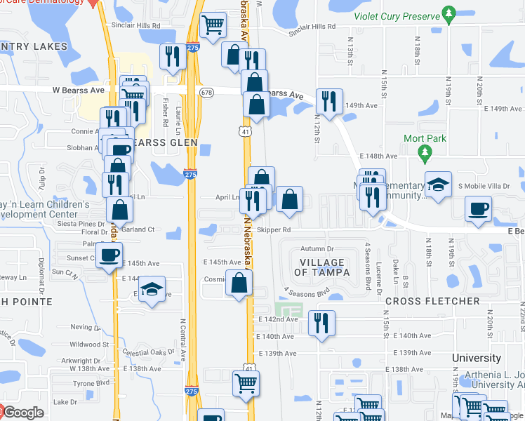 map of restaurants, bars, coffee shops, grocery stores, and more near 14611 North Nebraska Avenue in Tampa