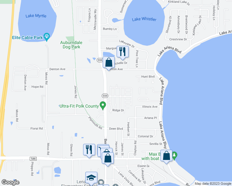 map of restaurants, bars, coffee shops, grocery stores, and more near 549 Bluff Drive in Auburndale
