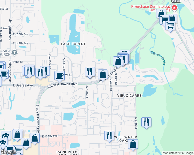 map of restaurants, bars, coffee shops, grocery stores, and more near 4003 Nestle Oaks Place in Tampa