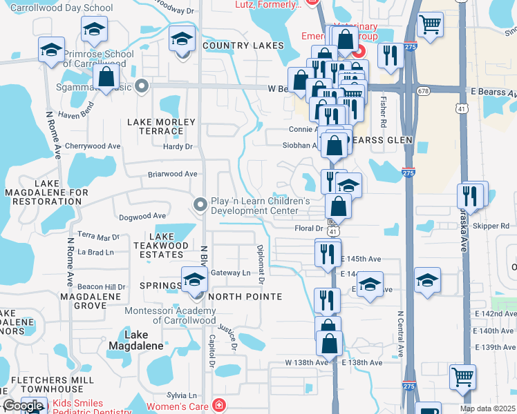 map of restaurants, bars, coffee shops, grocery stores, and more near 14708 Carnation Drive in Tampa