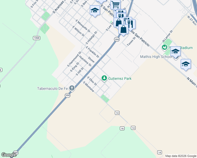 map of restaurants, bars, coffee shops, grocery stores, and more near 1018 East Iowa Street in Mathis