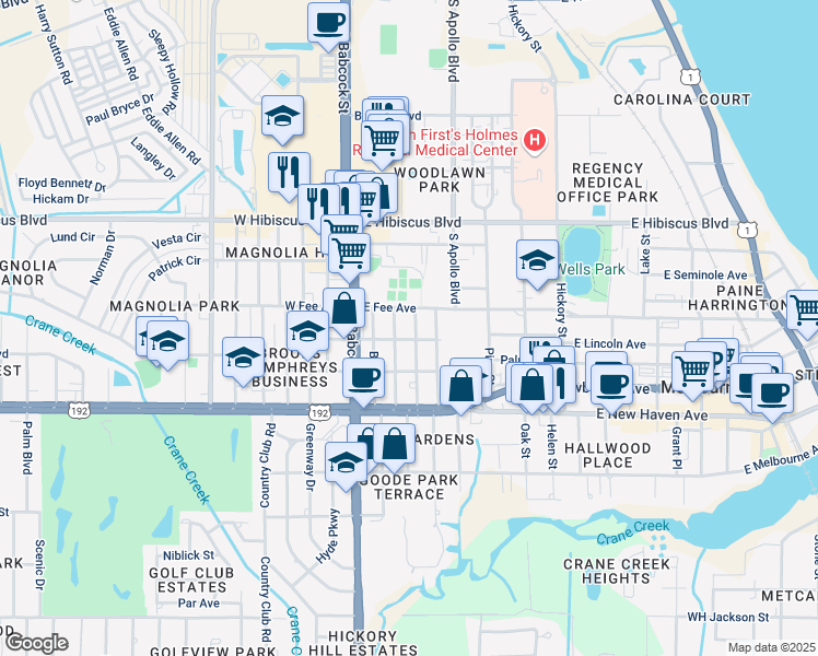 map of restaurants, bars, coffee shops, grocery stores, and more near 1710 Platt Street in Melbourne
