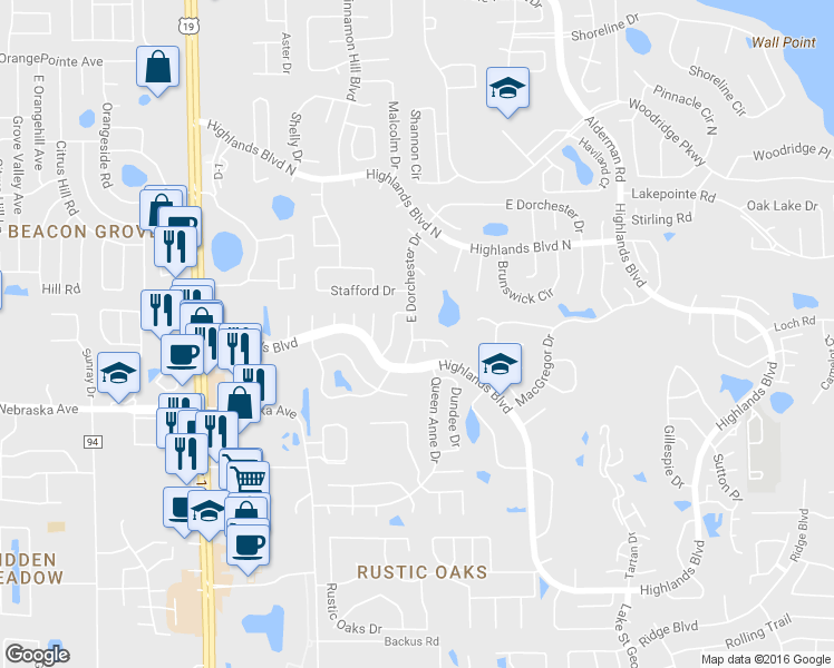 map of restaurants, bars, coffee shops, grocery stores, and more near 2905 Kenmore Place in Palm Harbor