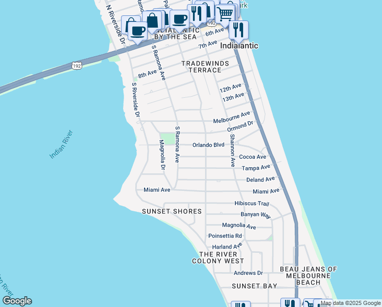 map of restaurants, bars, coffee shops, grocery stores, and more near 320 Cocoa Avenue in Indialantic