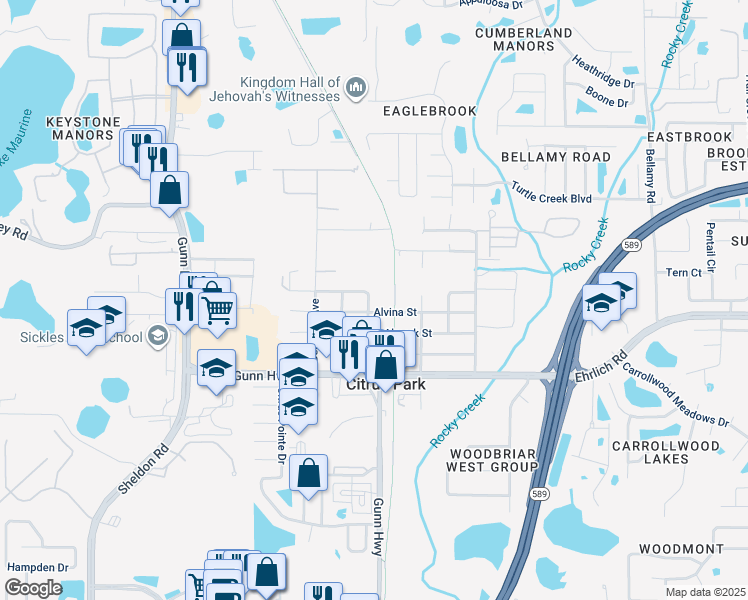 map of restaurants, bars, coffee shops, grocery stores, and more near 14705 Bayberry Avenue in Tampa