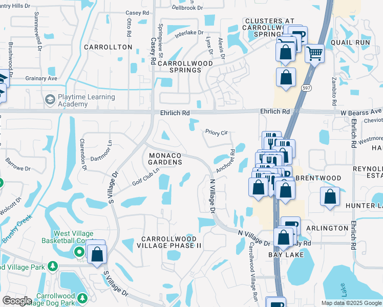 map of restaurants, bars, coffee shops, grocery stores, and more near 14601 Village Glen Circle in Tampa