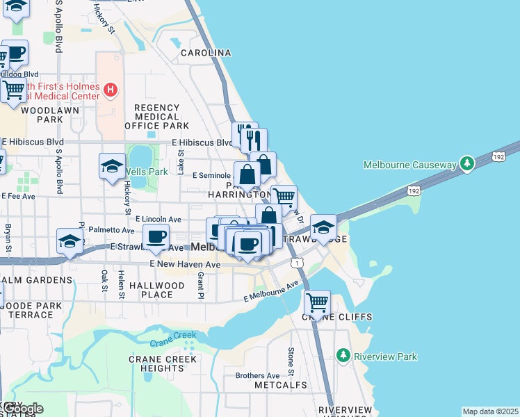 map of restaurants, bars, coffee shops, grocery stores, and more near 938 Lincoln Avenue in Melbourne