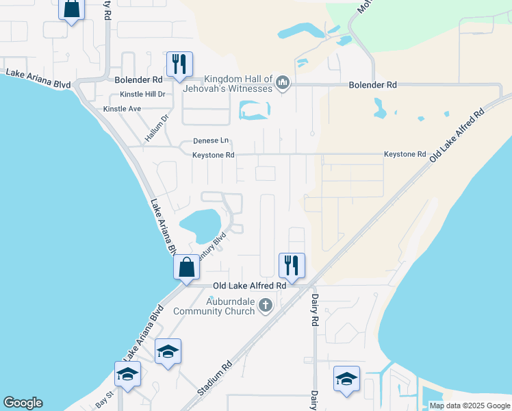 map of restaurants, bars, coffee shops, grocery stores, and more near 244 Bentley Oaks Boulevard in Auburndale