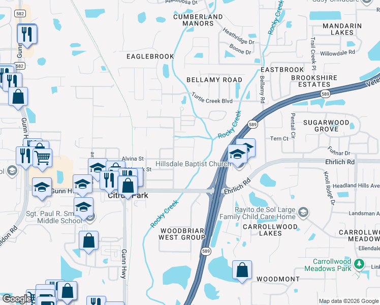 map of restaurants, bars, coffee shops, grocery stores, and more near 14620 Rocky Brook Drive in Greater Carrollwood