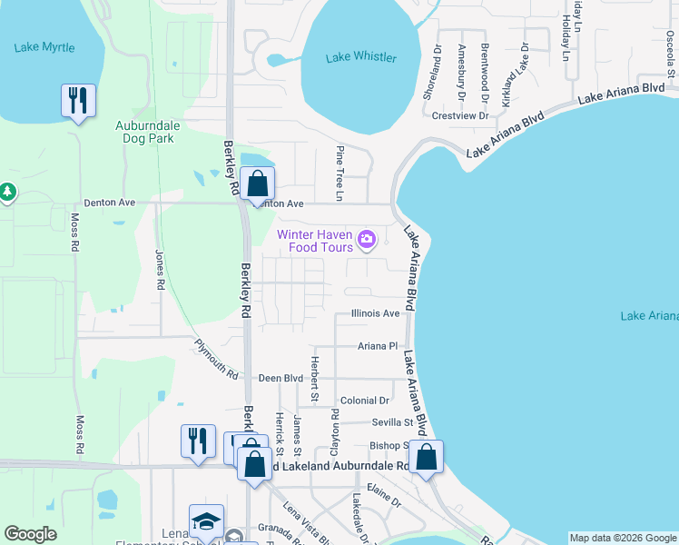 map of restaurants, bars, coffee shops, grocery stores, and more near 200 Amber Boulevard in Auburndale