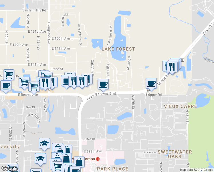 map of restaurants, bars, coffee shops, grocery stores, and more near 14604 Daybreak Drive in Lutz