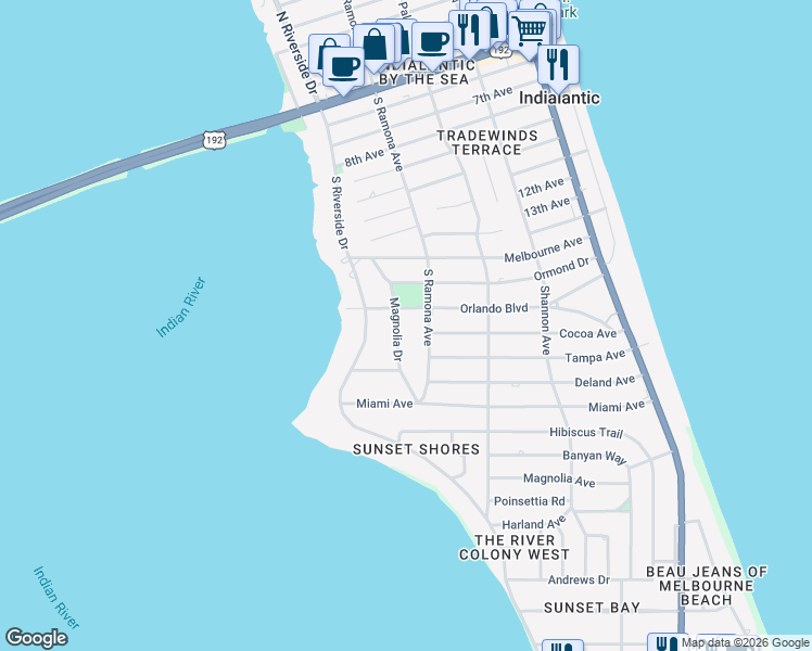 map of restaurants, bars, coffee shops, grocery stores, and more near 1110 South Ramona Avenue in Indialantic