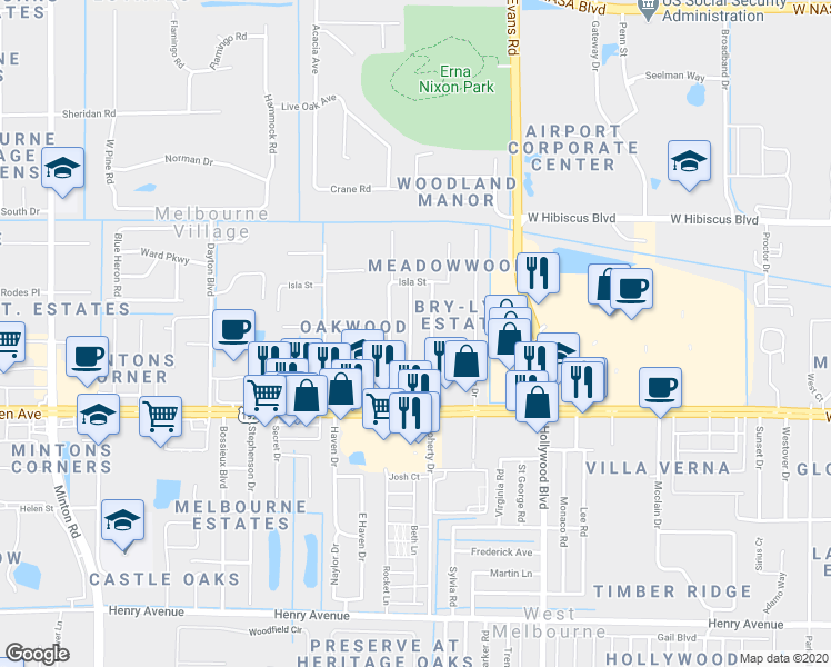 map of restaurants, bars, coffee shops, grocery stores, and more near 157 Woodland Drive in West Melbourne