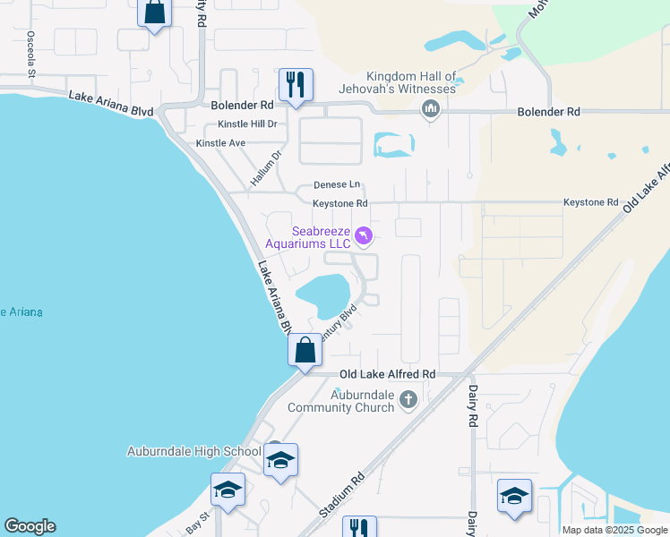 map of restaurants, bars, coffee shops, grocery stores, and more near 125 Rebecca Lane in Auburndale