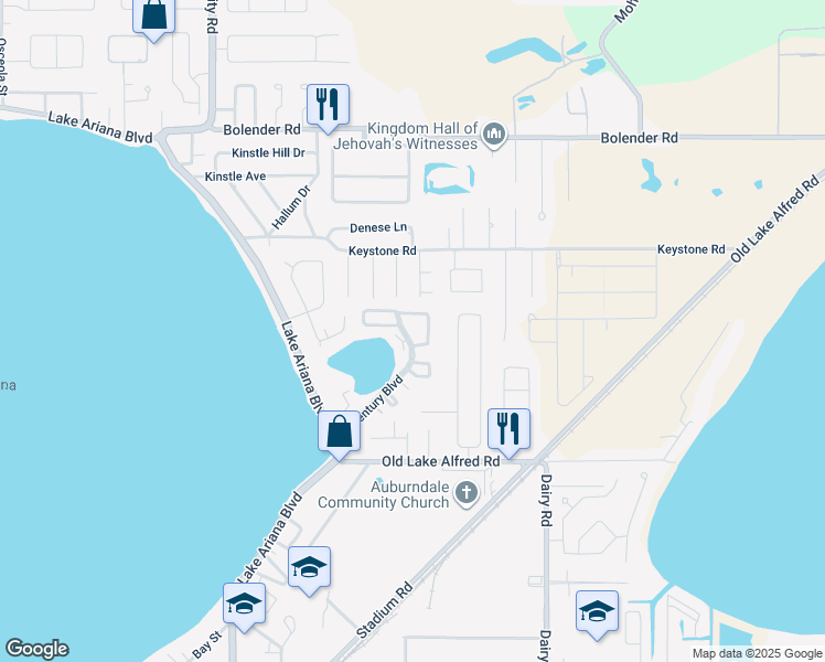 map of restaurants, bars, coffee shops, grocery stores, and more near 420 Century Boulevard in Auburndale
