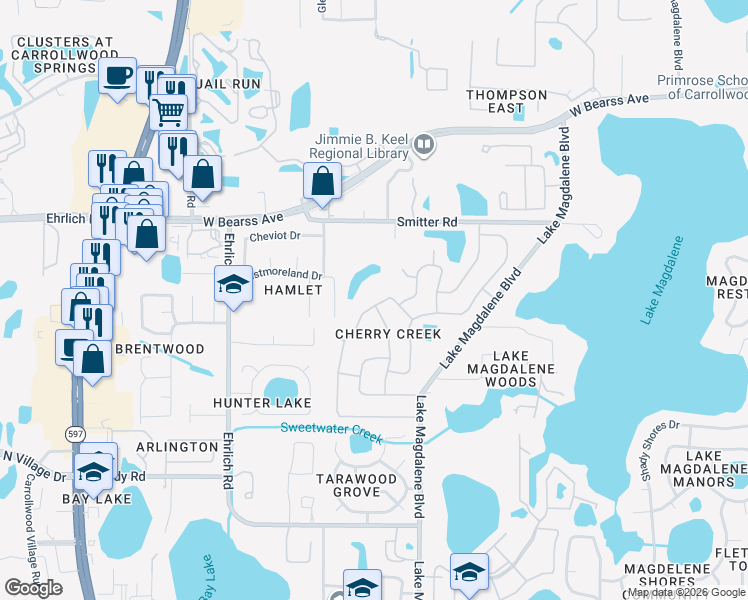 map of restaurants, bars, coffee shops, grocery stores, and more near 13930 Cherry Creek Drive in Tampa
