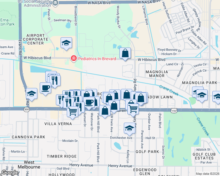 map of restaurants, bars, coffee shops, grocery stores, and more near 175 Northwest Irwin Avenue in Melbourne